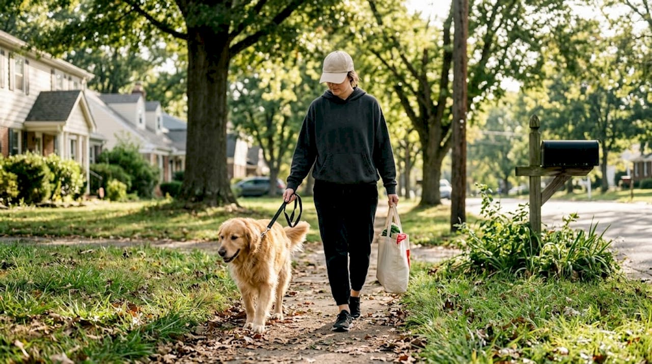 Woman walking dog wearing casual dad hat