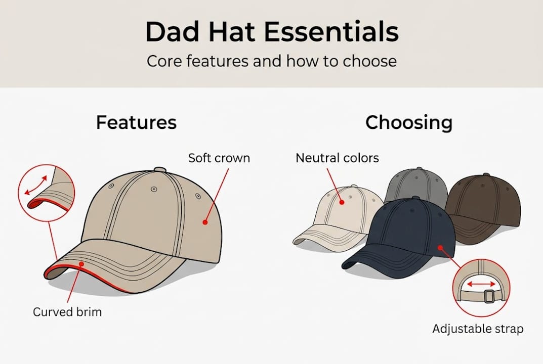 Infographic with dad hat features and style tips