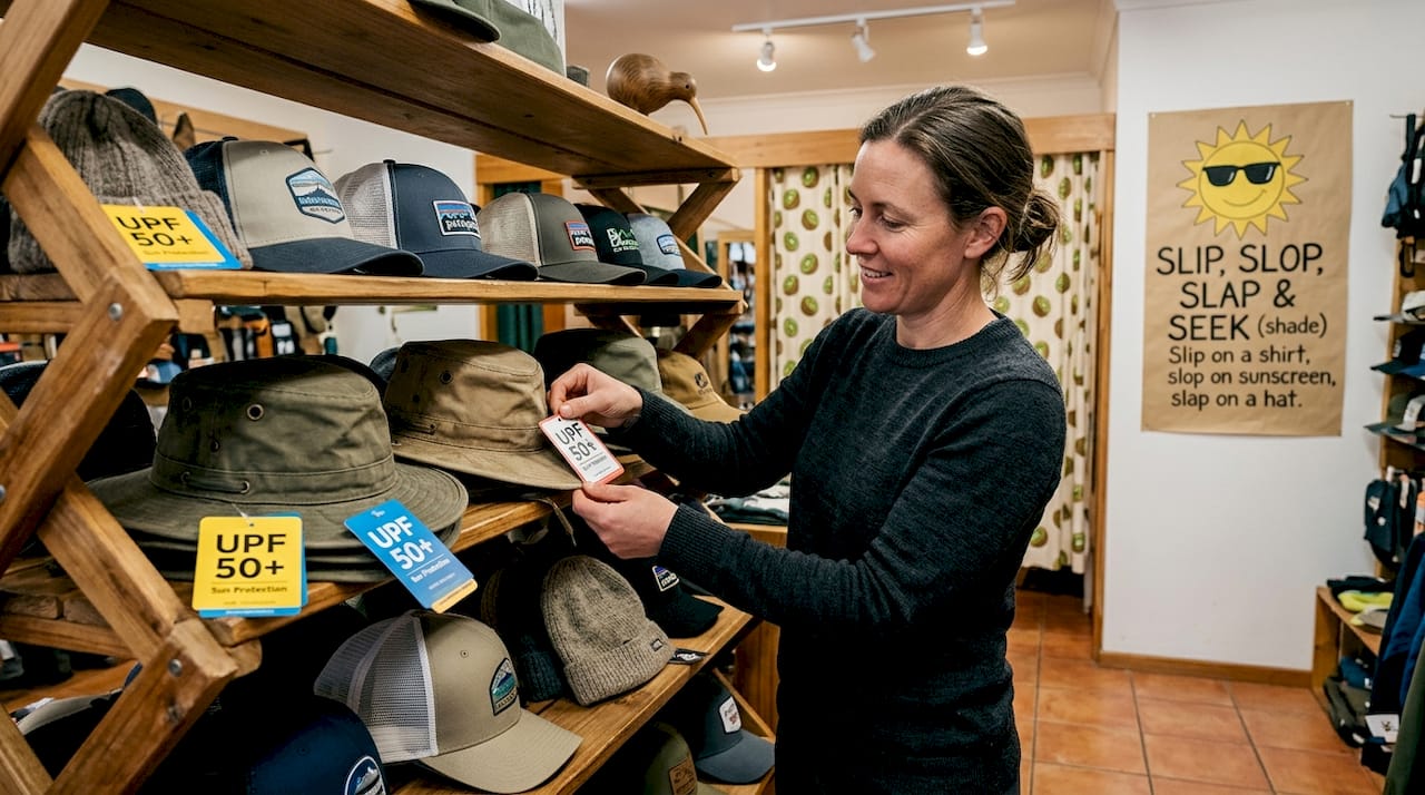Outdoor hats with material tags in store