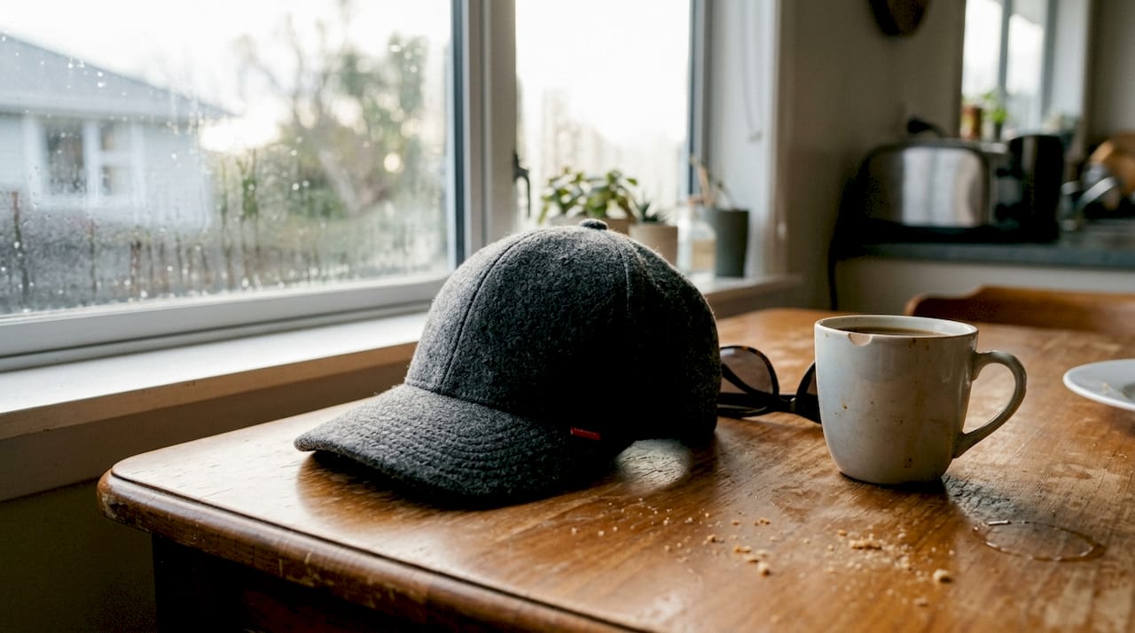 Close-up merino wool men's cap on table