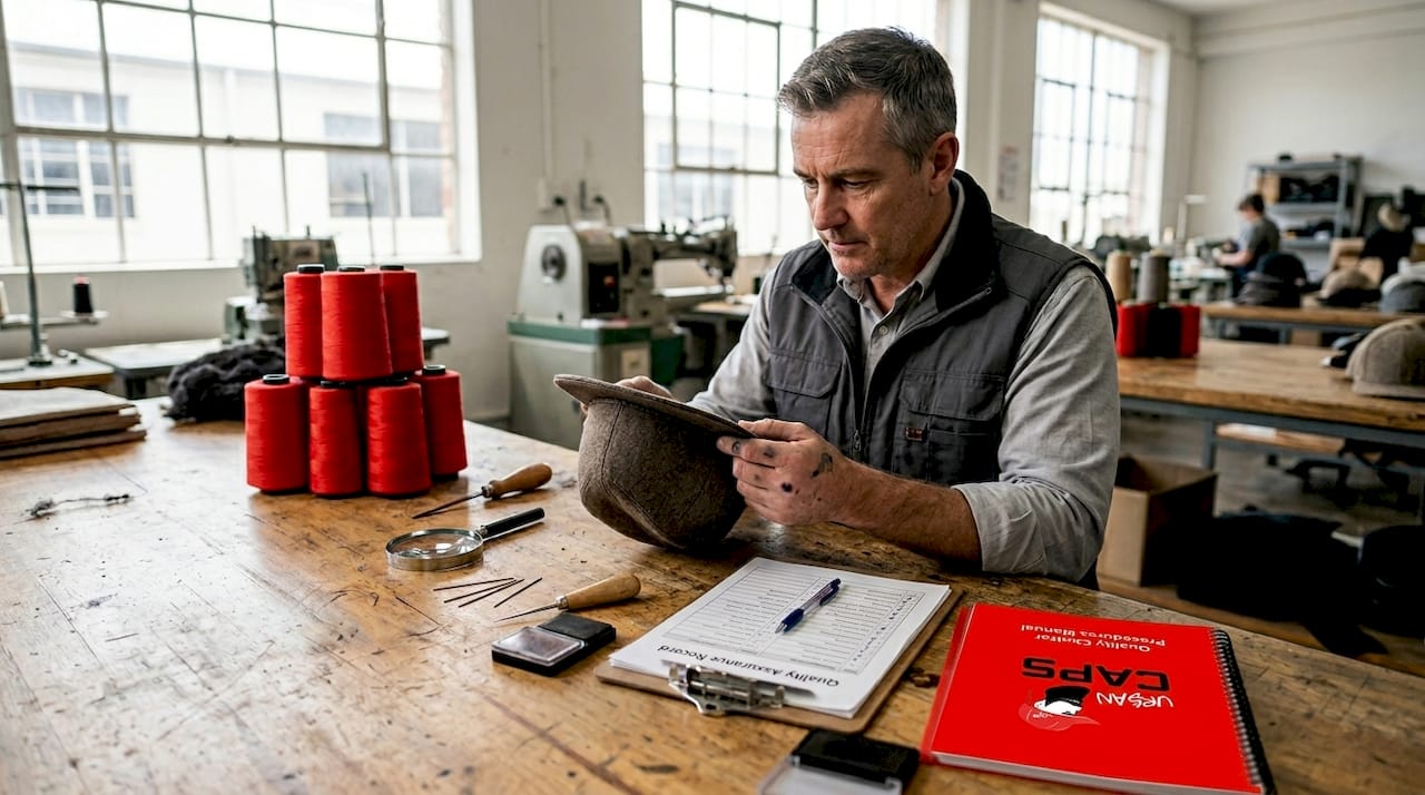Worker inspecting hat quality by hand