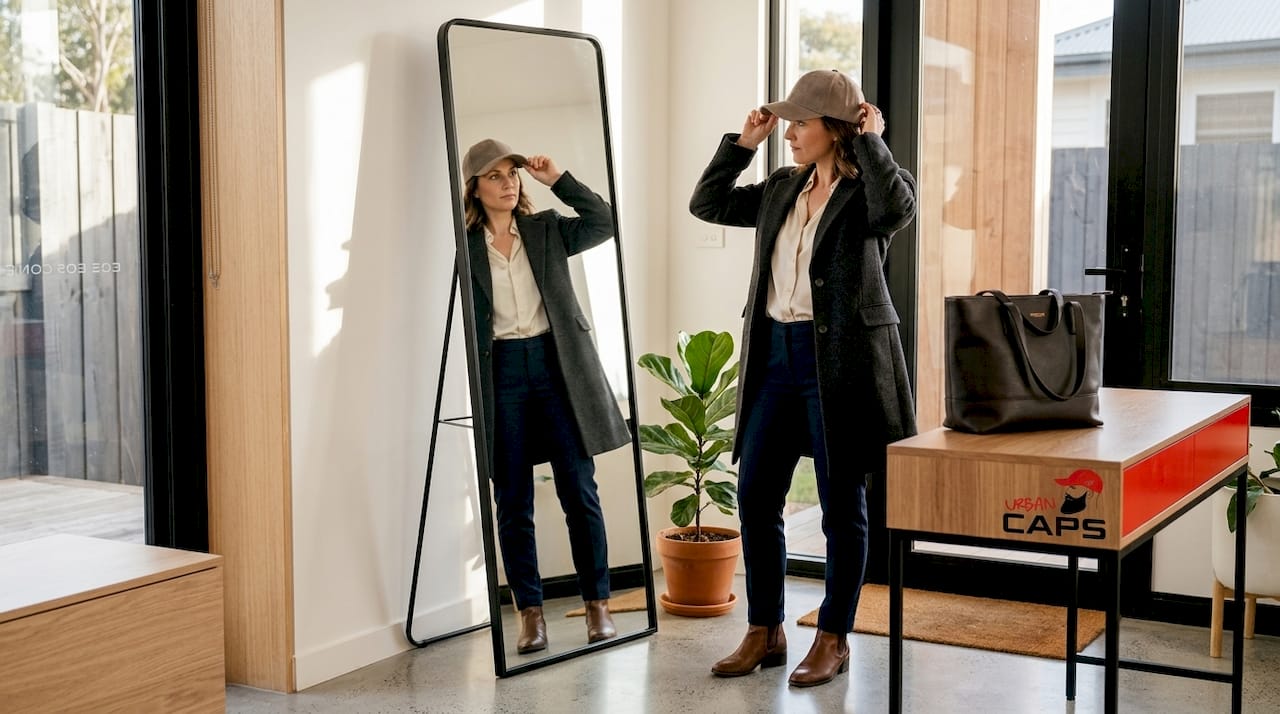 Woman pairs suede cap with polished outfit
