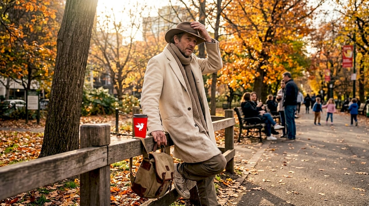 Man adjusts wool outback hat in city park