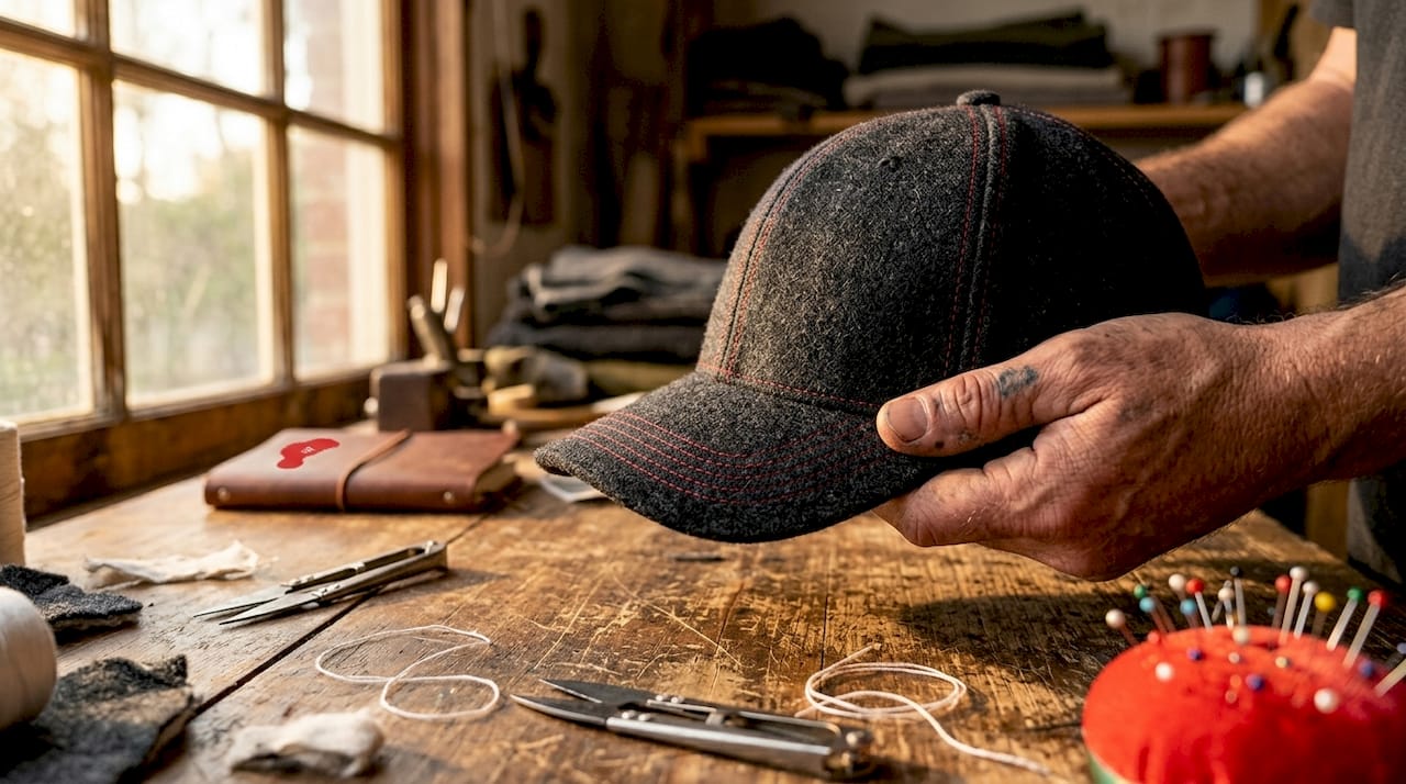 Close-up premium hat stitching and tools