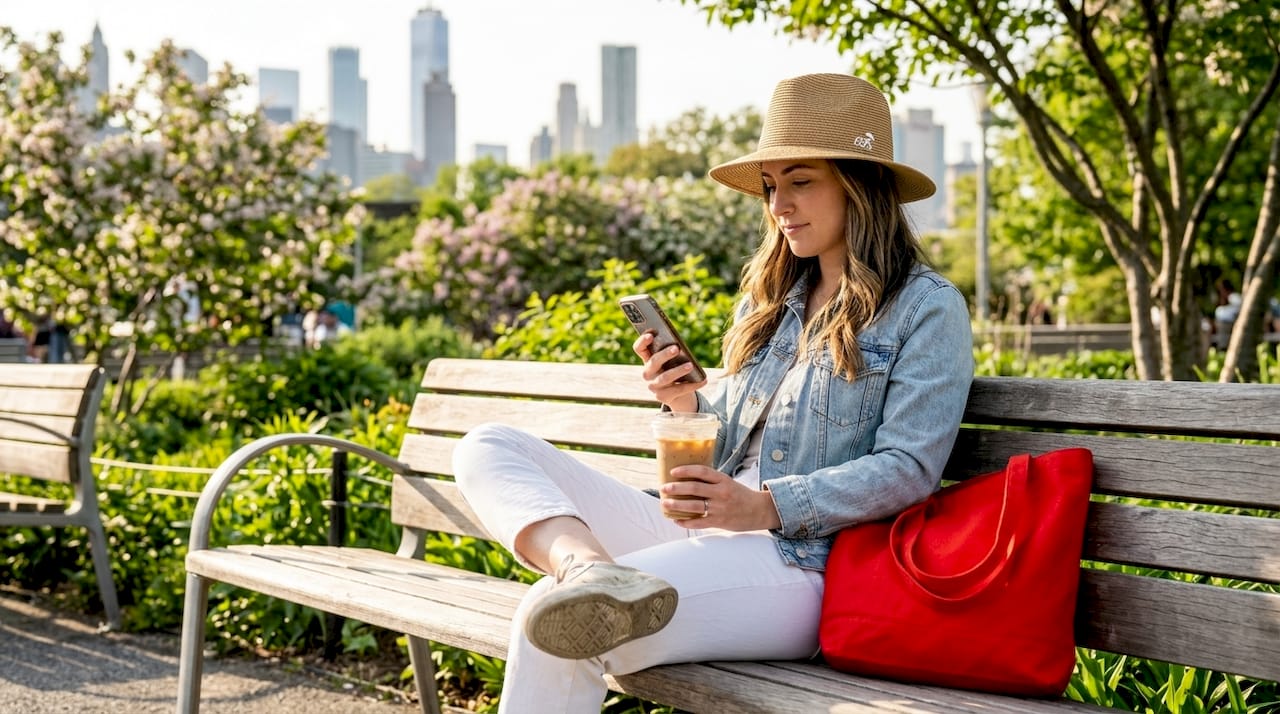 Woman in stylish hat relaxes at city park