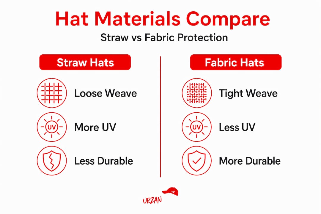 Split infographic comparing straw and fabric hats