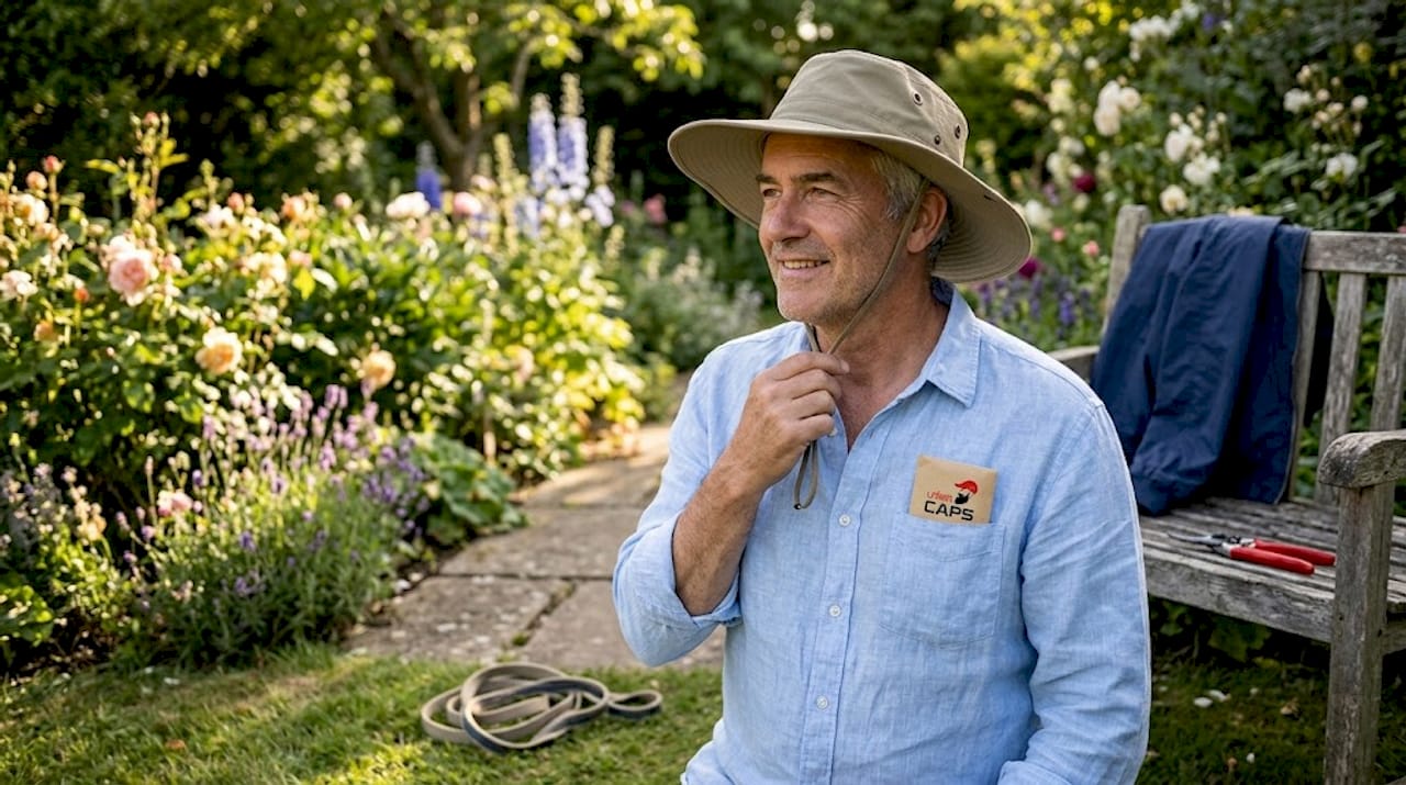 Man testing hat wind resistance in park