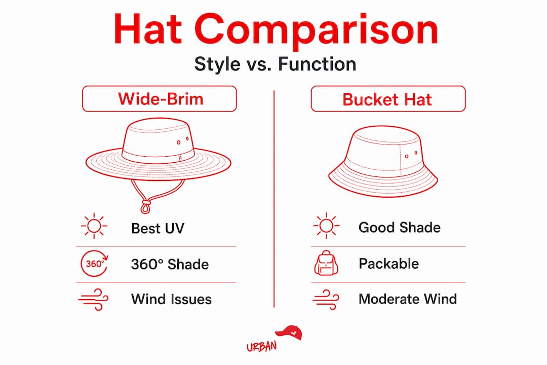 Infographic comparing wide-brim and bucket hats