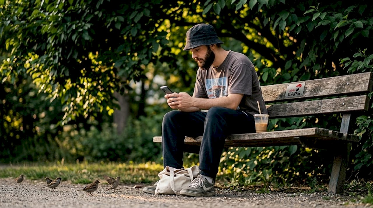 Young man with bucket hat on park bench