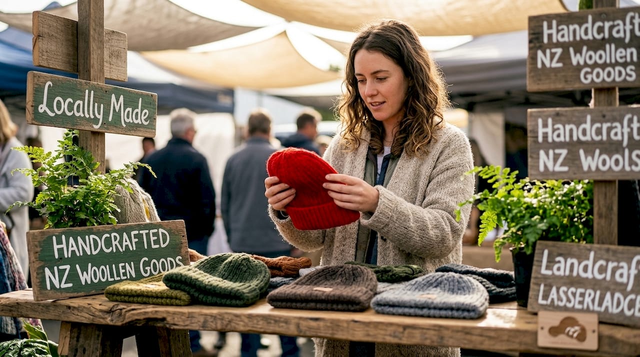 Woman browsing hats in NZ local shop