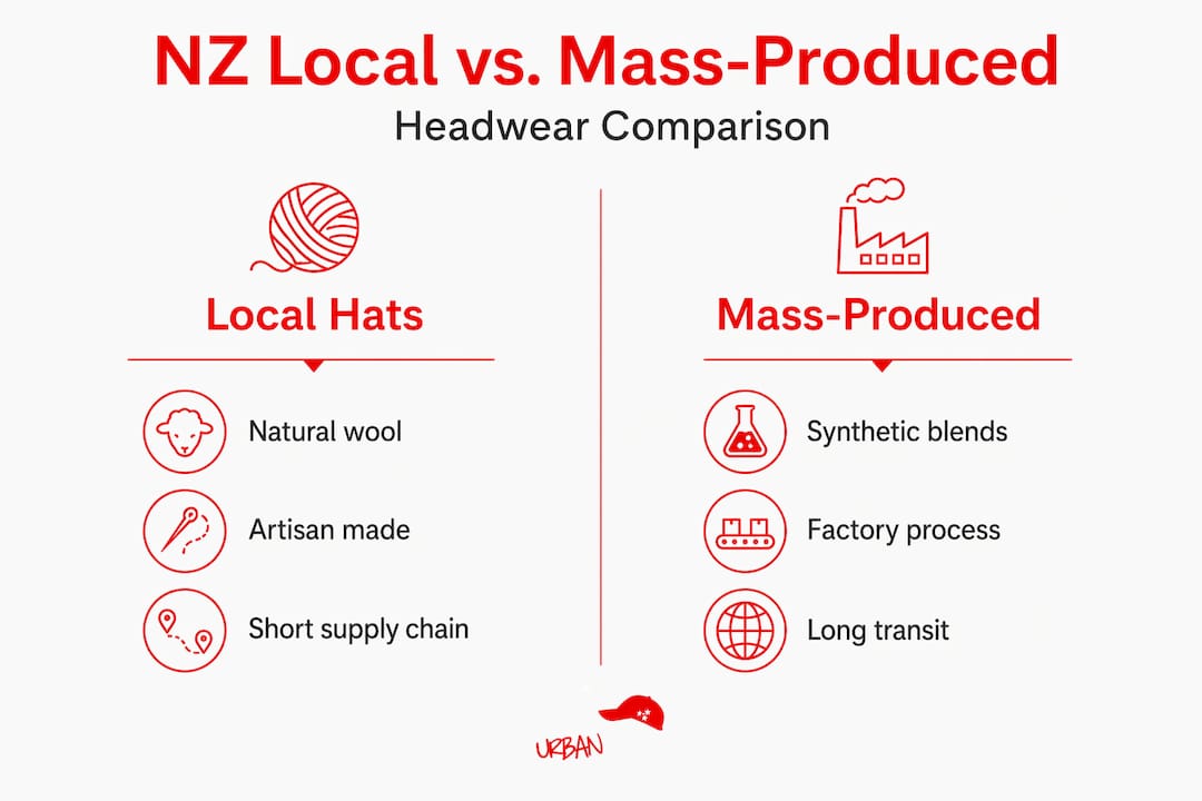 Infographic comparing local and mass-produced hats