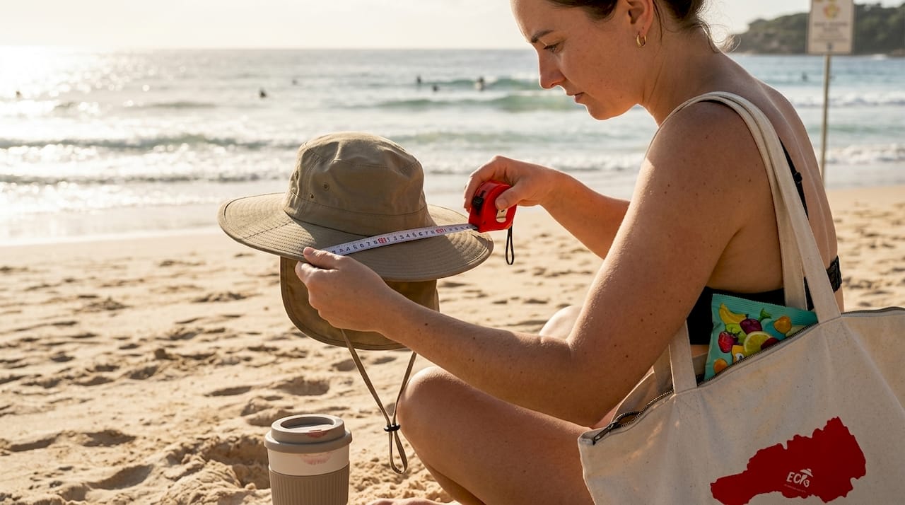 Woman measuring brim width on sun hat outdoors