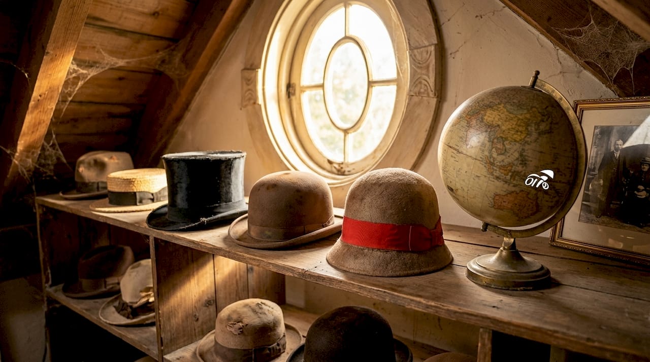 Vintage hat collection on wooden shelves