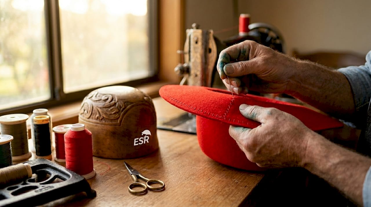 Artisan hands sewing a handmade hat brim
