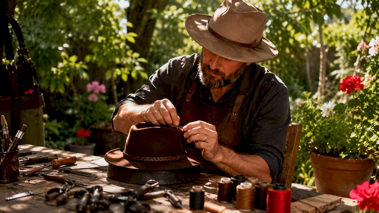 Craftsman hand-fitting leather band on heritage hat
