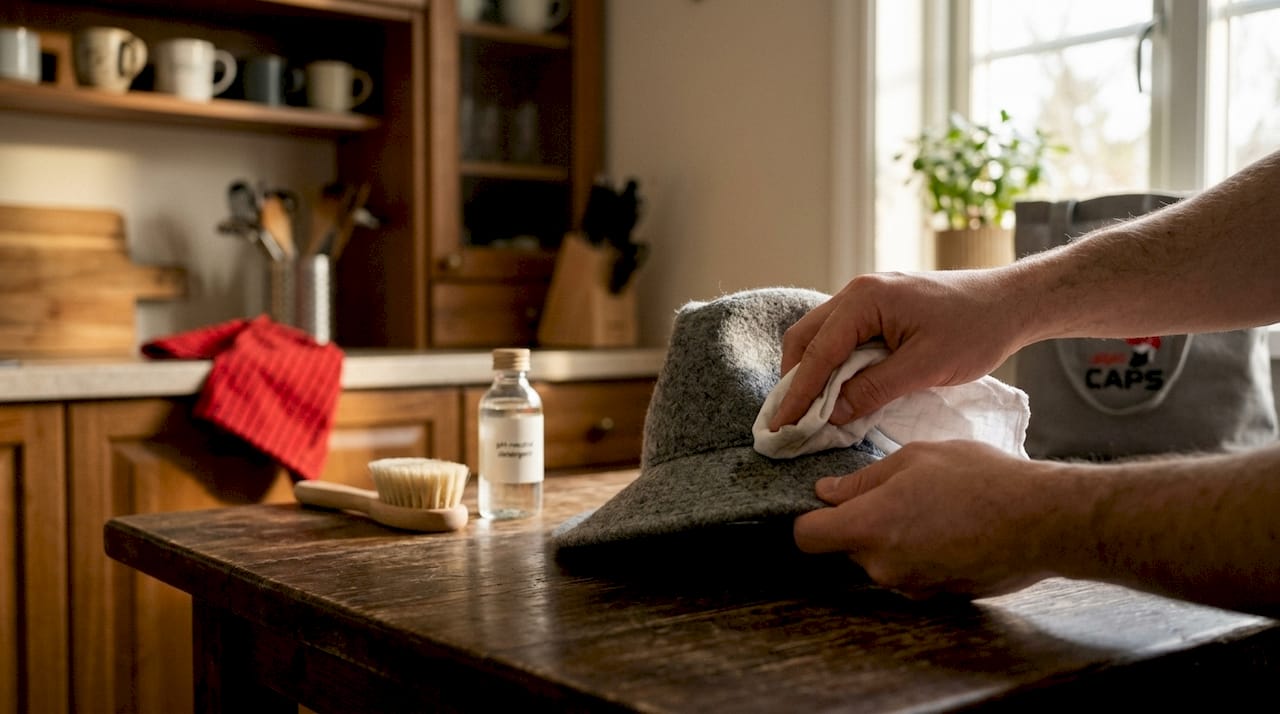 Hands spot cleaning wool hat with cloth