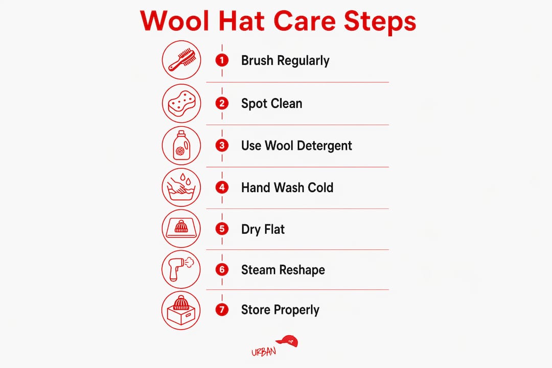 Infographic illustrating step-by-step wool hat care