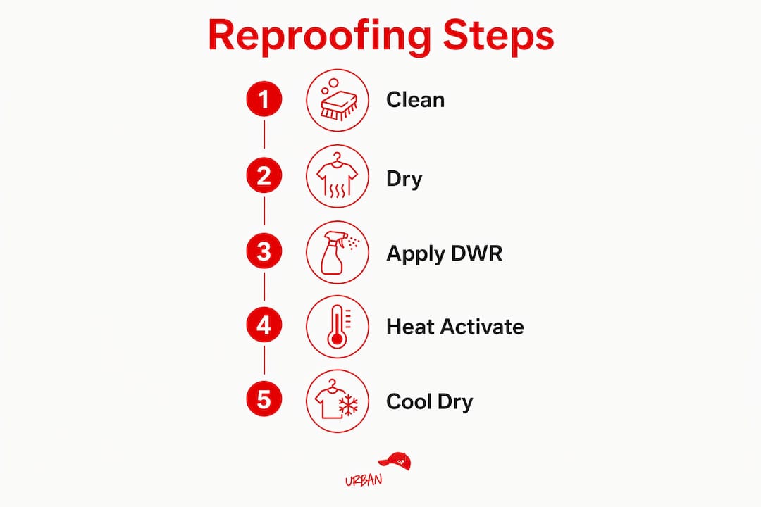Infographic outlining steps to reproof a weatherproof hat