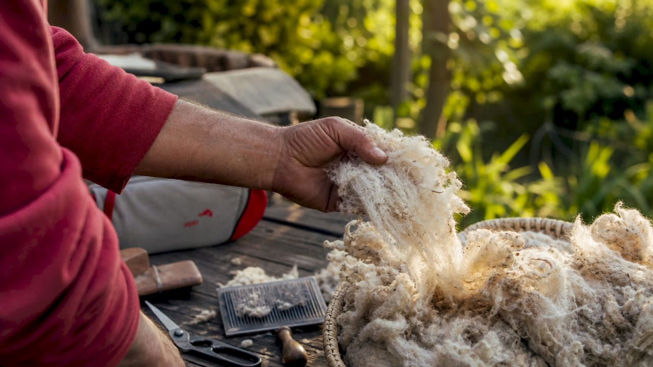 Close-up of natural wool fibers in hand on wooden table