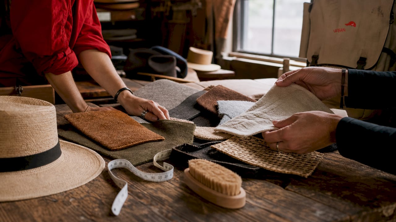 Hands touching various timeless hat materials