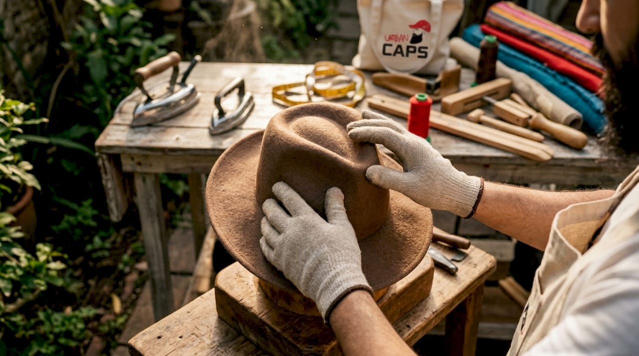 Close-up hands moulding wool hat on wooden form