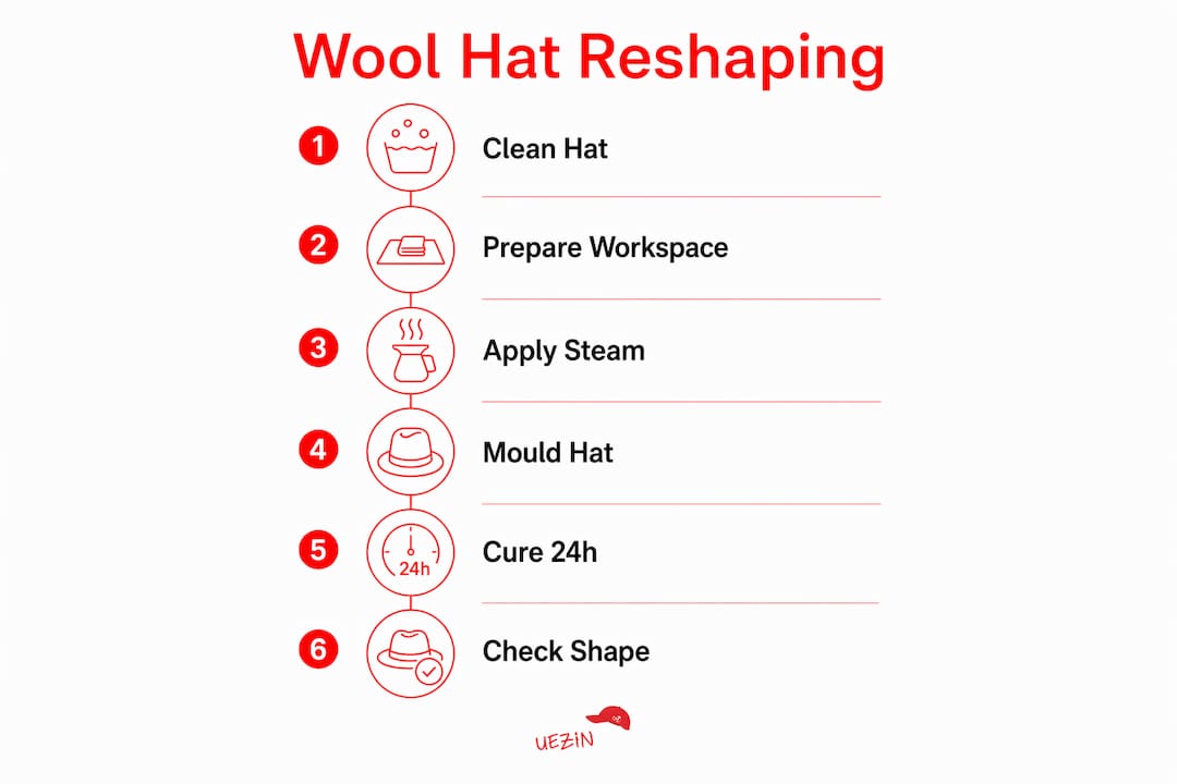 Infographic illustrating six steps for reshaping wool hats