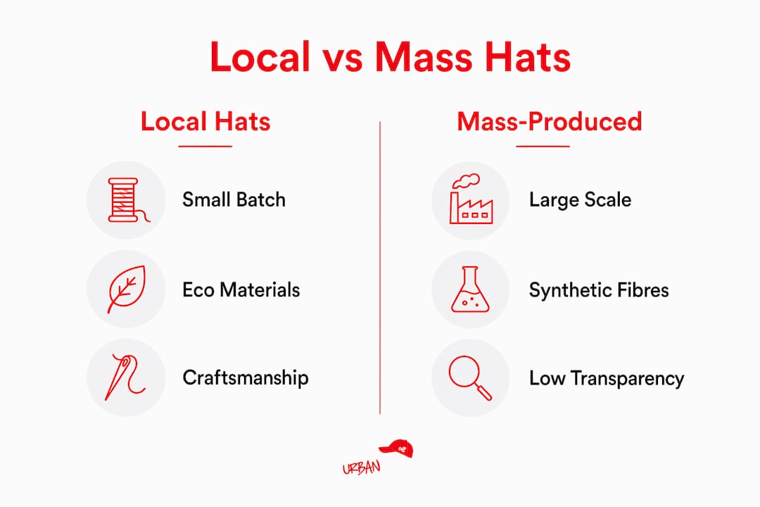 Infographic comparing local and mass-produced hats benefits