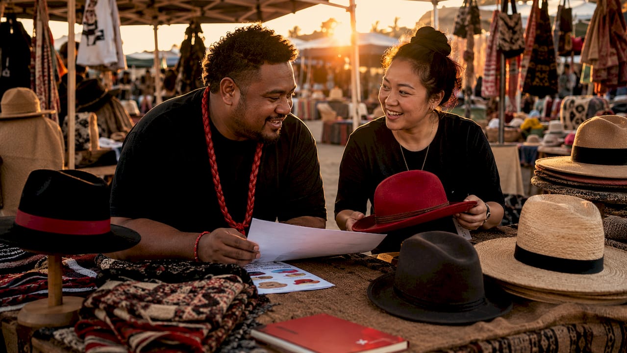 Workers discussing local hat production benefits