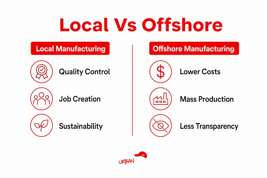 Infographic comparing local and offshore hat manufacturing