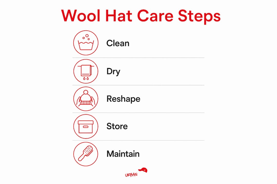 Infographic presenting wool hat care steps top to bottom