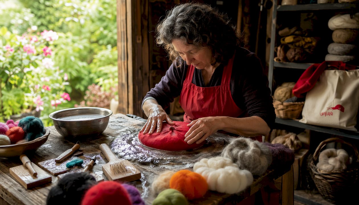 Craftsman shaping wool felt beret by hand