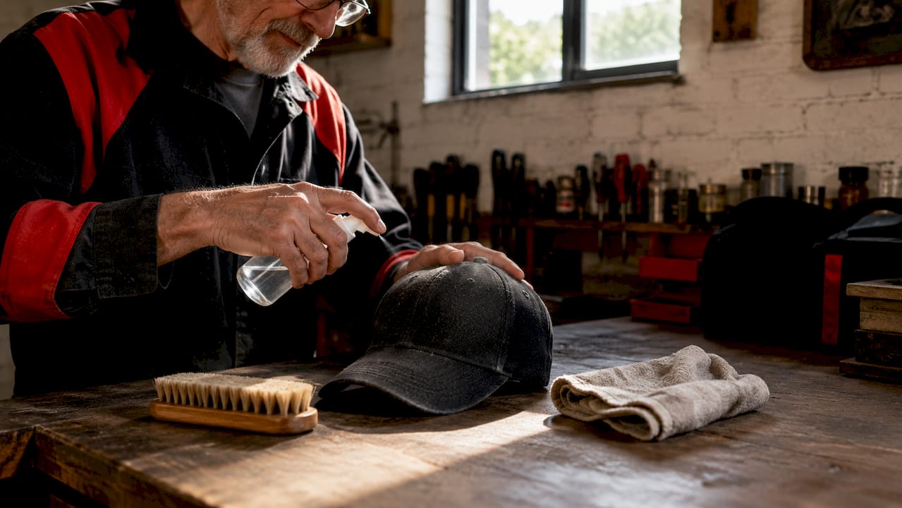 Hands pre-treating a wool hat with vinegar in laundry room