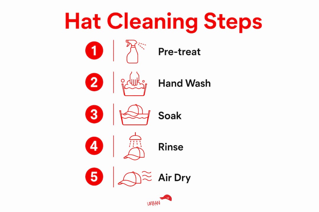 Infographic of hat cleaning steps from pre-treatment to drying