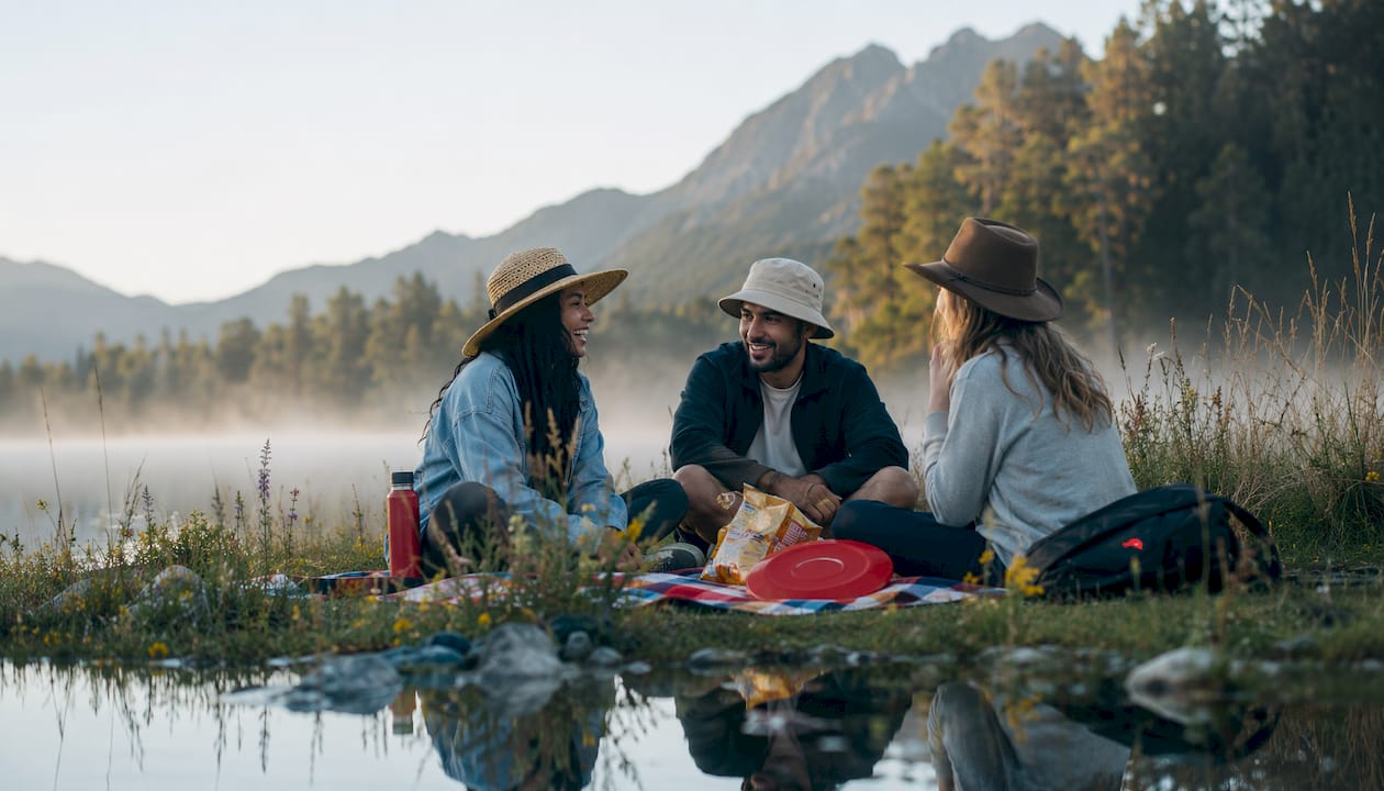 Group wearing varied popular Kiwi hat styles outdoors