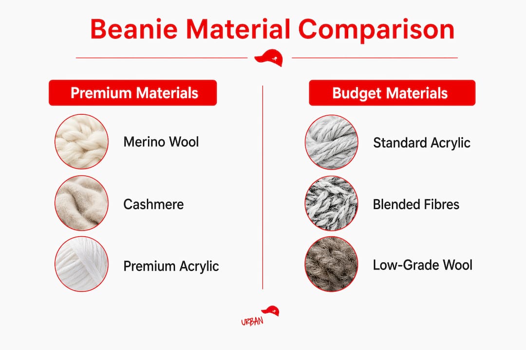 Infographic comparing premium and budget beanie materials