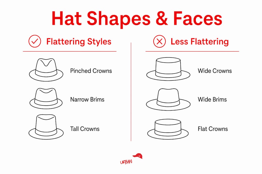 Infographic comparing flattering and less flattering hat shapes for face types