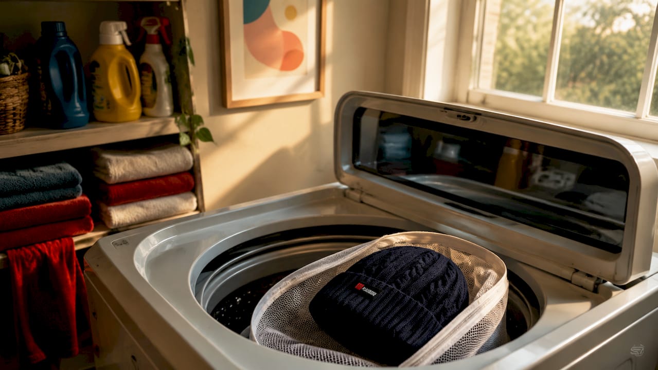 Acrylic beanie in mesh bag inside washing machine