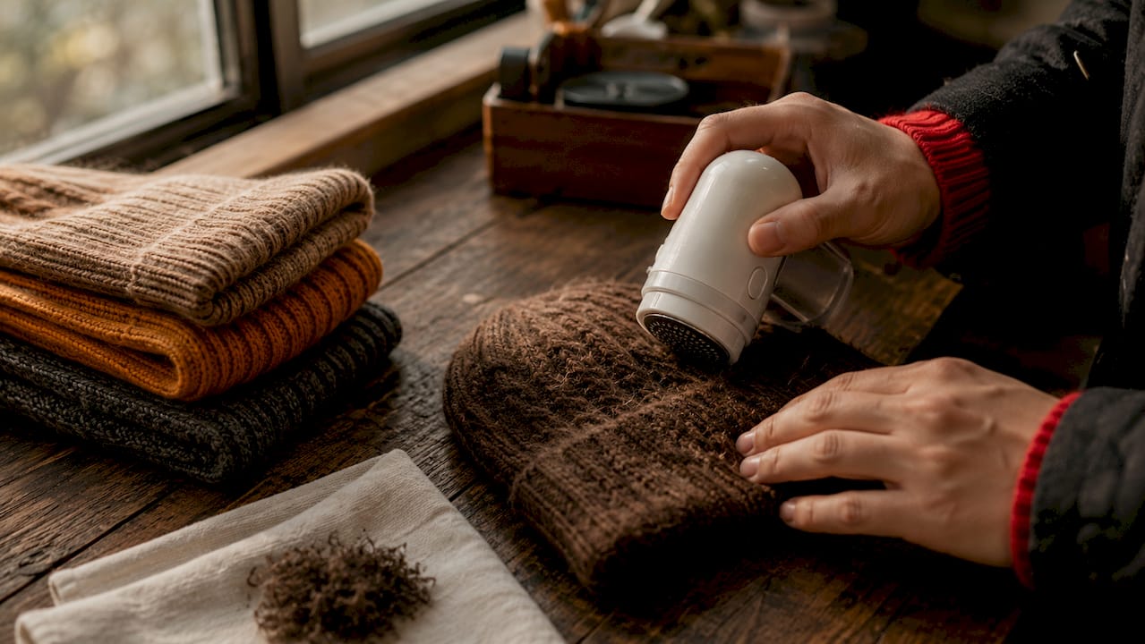 Close-up of fabric shaver removing beanie pilling