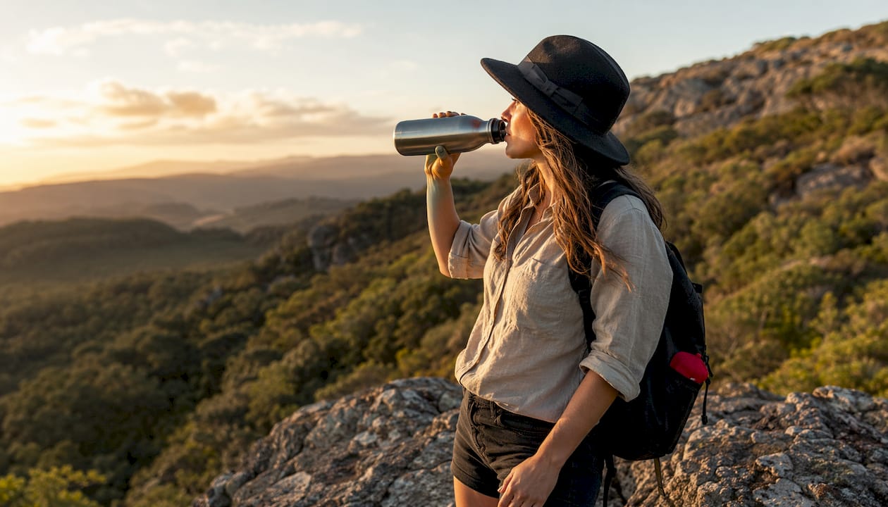 Young woman hiking in heritage hat outdoors