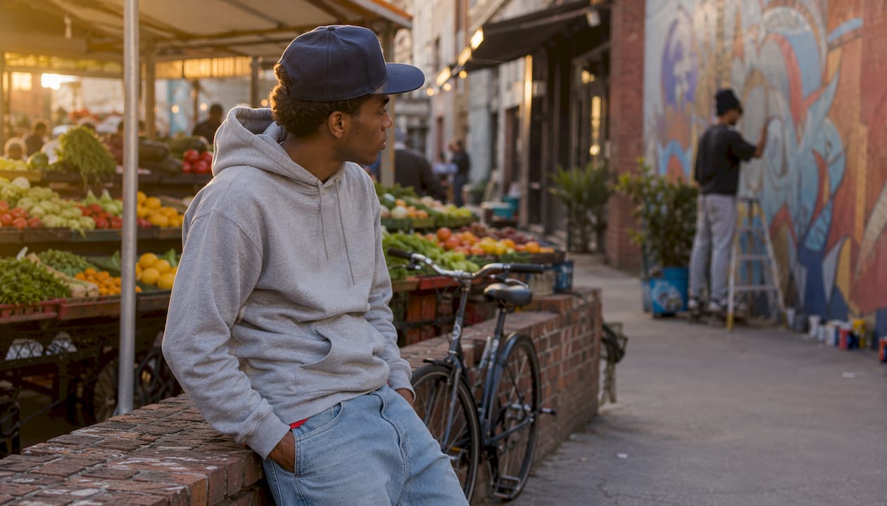 Man in snapback cap sitting outdoors