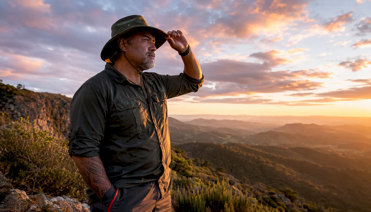 Maori man wearing heritage bush hat outdoors
