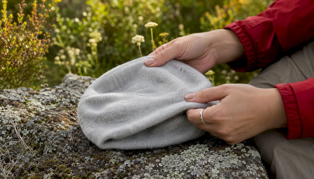 Hands stretching soft Merino wool hat fabric