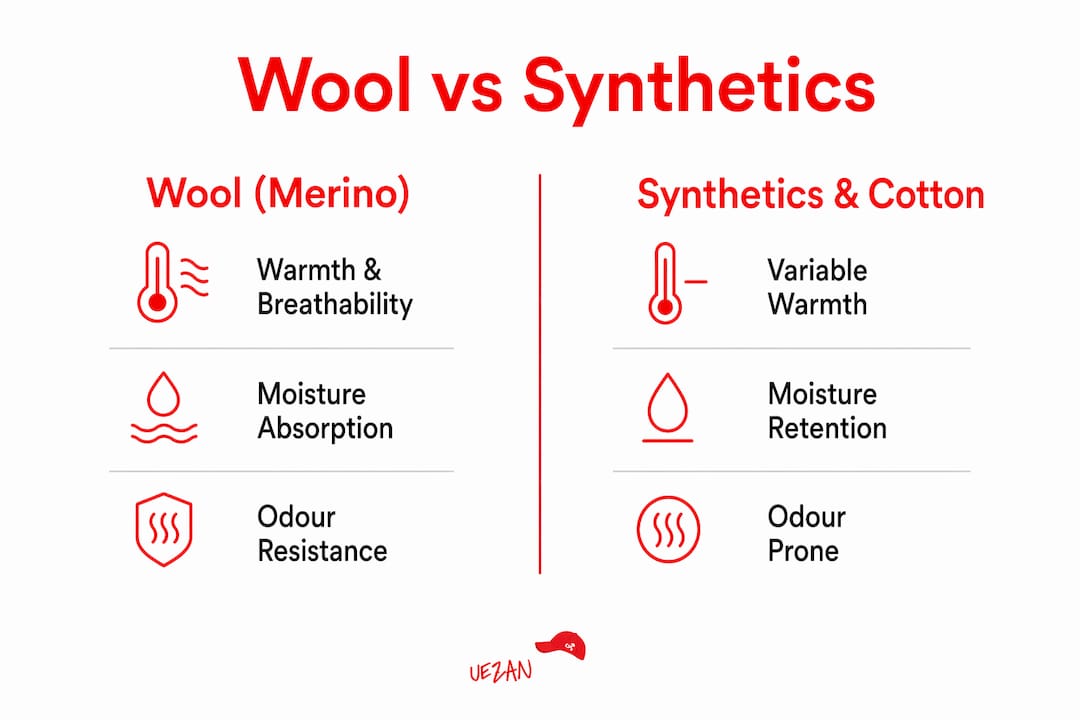 Infographic comparing wool and synthetic hat properties
