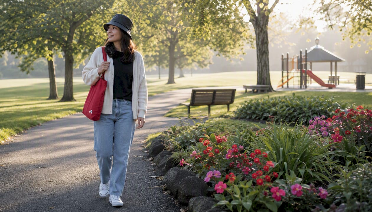 Young woman walking in leather bucket hat outdoors