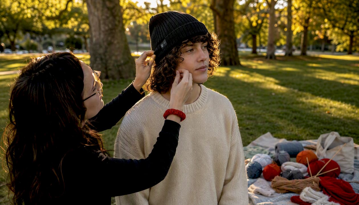 Stylist fitting beanie to curly hair in studio