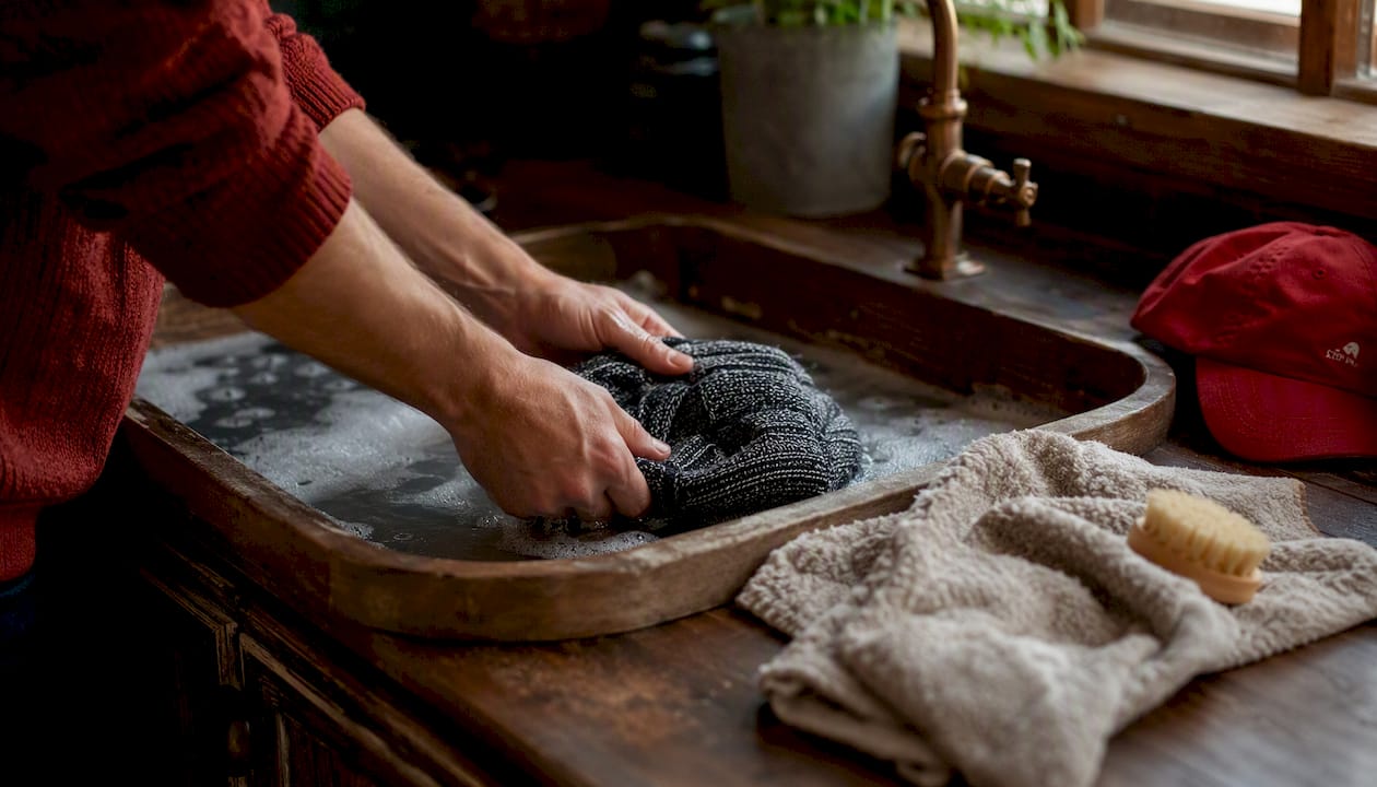 Hands hand-washing wool beanie in sink