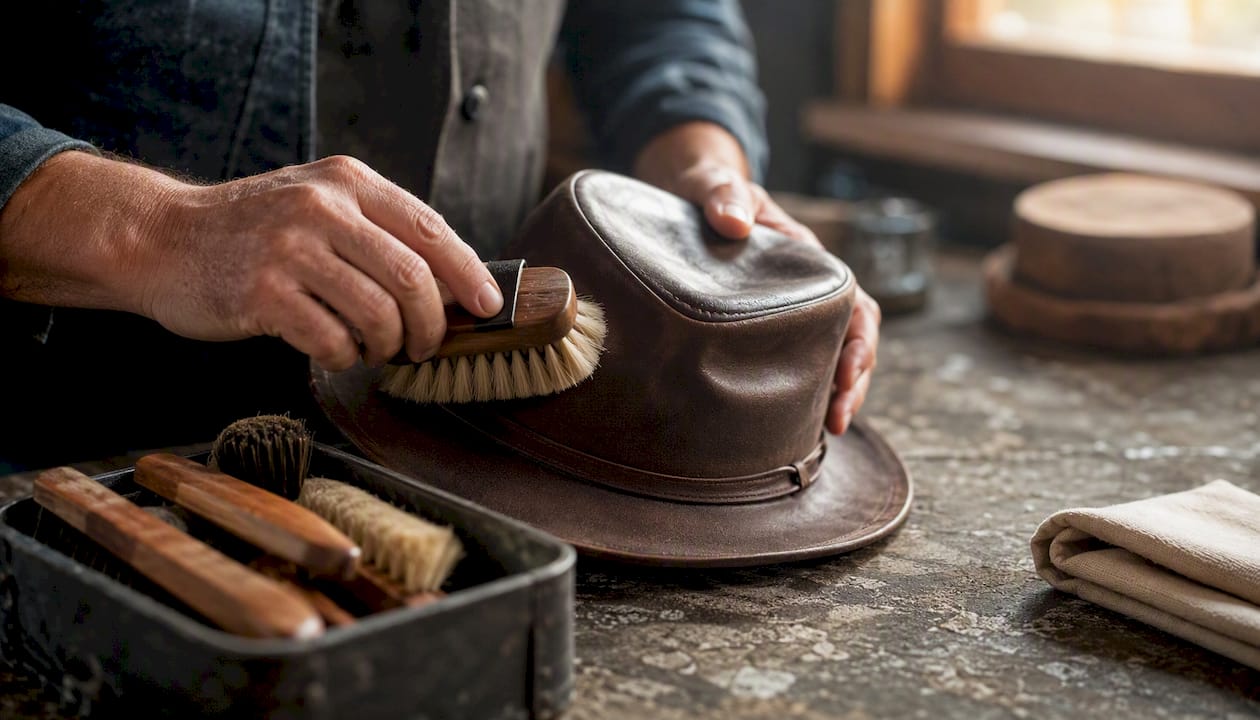 Hands wiping wool felt fedora with damp cloth