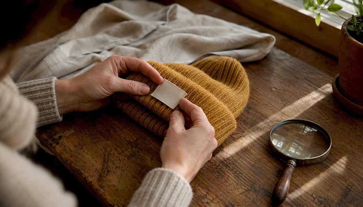 Hands inspecting wool hat label and test report