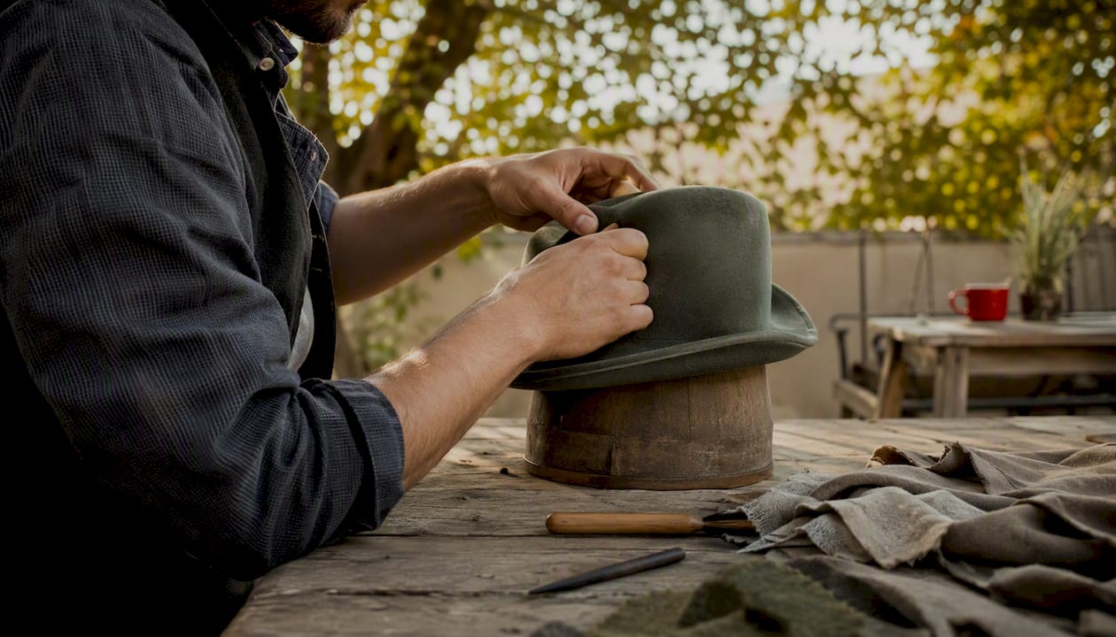 Hands reshaping felt wool hat brim and crown