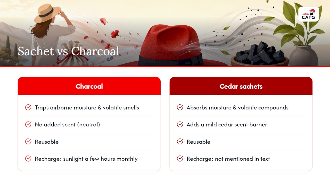 Comparison infographic of charcoal and odour sachets